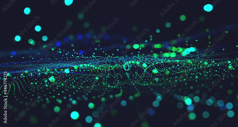 Poster Abstract neural network 3D illustration. Big data concept. Global database and artificial intelligence. Bright, colorful background with bokeh effect