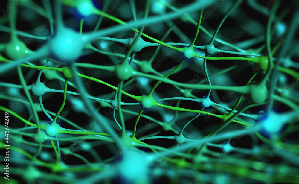 Poster brain under microscope 3d illustration. neural connections, neural network, electrical impulses in b