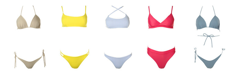 Collection of different stylish bikini on white background. Banner design