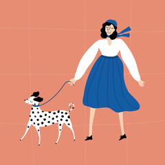 Pretty woman walking the dalmatian. Adorable purebred dog and young girl in blue skirt, white blouse and blue beret. Hand drawn vector illustration - 446775444