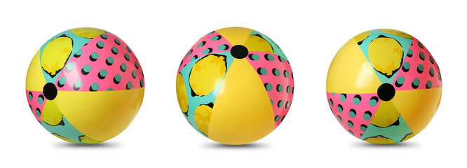 Set with colorful inflatable beach balls on white background. Banner design
