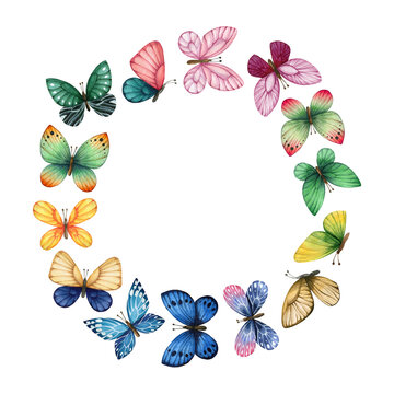 Watercolor wreath with illustrations of bright butterflies on a white background. Hand painted 