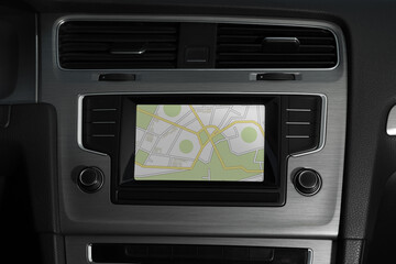 Closeup view of dashboard with navigation system in modern car