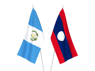 National fabric flags of Laos and Republic of Guatemala isolated on white background. 3d rendering illustration.