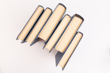 Old hardback books background. Top view. education background. Back to school. Copy space for text.