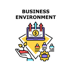 Business Environment Team Vector Icon Concept. Business Environment Team Working Process And Management, Online Earning Money In Internet And Growing Financial Tree Color Illustration