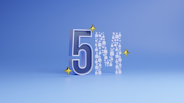 Five million followers banner. Thank you followers 3d rendering template with 5m number.