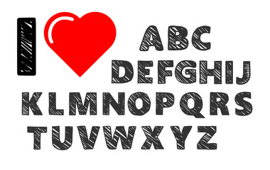 Set of hatched letters with red heart.