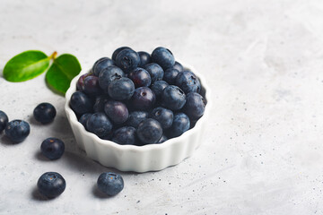 Organic blueberries in white bowl on concrete background with leaf