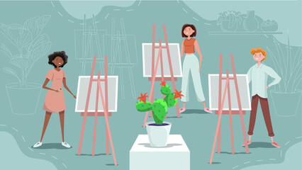 Painting classes: three people together standing in fron of easels and painting cactus. Good characters for advertisment or cartoon video about art or hobby.