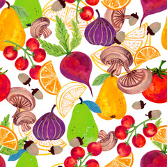 Watercolor hand paint bouquet eco food organic pear tomato turnnip radish fig  orange mushroom beetroot seamless
