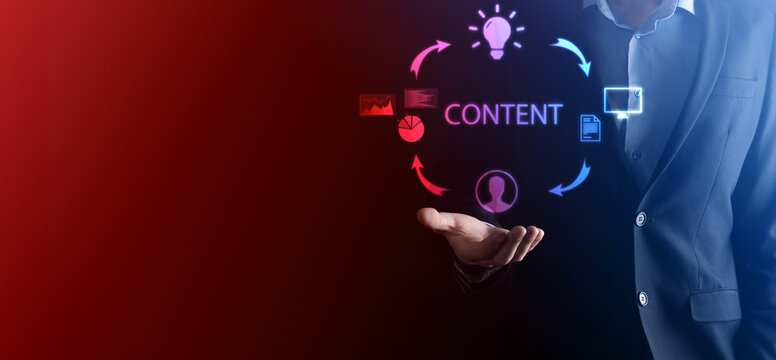 Content marketing cycle - creating, publishing, distributing content for a targeted audience online and analysis.