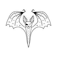 Cartoon halloween bat. Hand drawn isolated black and white outline vector illustration. Design for logo, icon, banner.