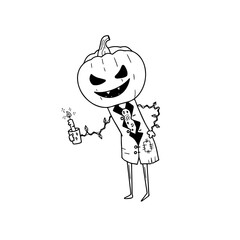 Cartoon halloween pumpkin in costume and candle in hand. Hand drawn isolated black and white outline vector illustration. Design for logo, icon, banner.