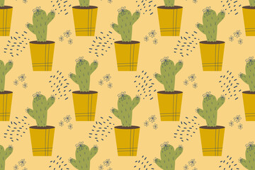 Seamless pattern with cactus. Cactus in a pot, domestic plant with thorns, needles and flowers. Vector illustration in flat style.