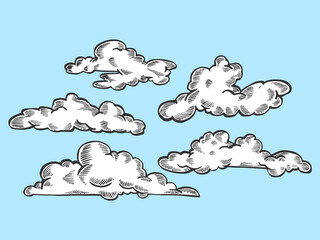 Clouds on blue sky line art sketch engraving vector illustration. T-shirt apparel print design. Scratch board imitation. Black and white hand drawn image.