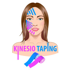 Woman with kinesiology taping on face, lifting, tightening, wrinkle smoothing, muscle relaxation. - obrazy, fototapety, plakaty