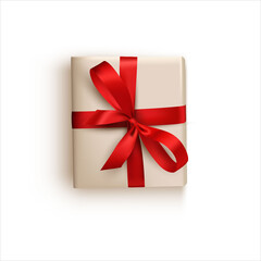 vector illustration of isolated gift, box in holiday packaging with red bow.Design element for a postcard or greeting banner on a white background.Realistic style.Present with red ribbon.Flat lay