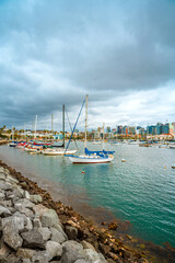 Marina with a view of downtown San Diego on a cloudy day. San Diego, USA - 22 Apr 2021