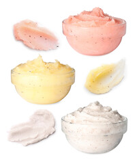 Set with different body scrubs on white background