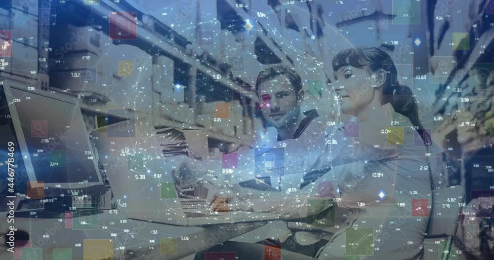 Poster animation of networks of connections with digital icons over couple using computer
