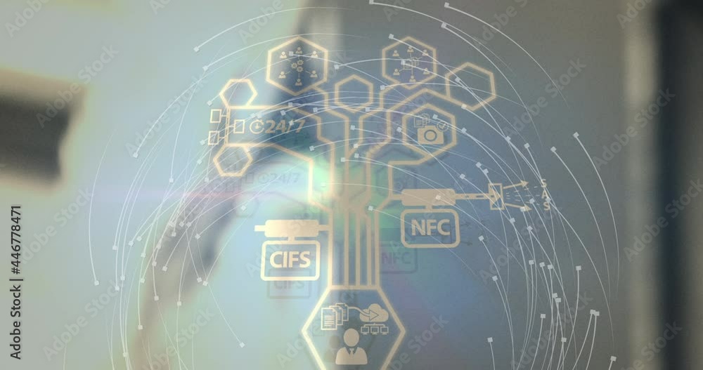 Aufkleber animation of networks of connections with digital icons over blurred background