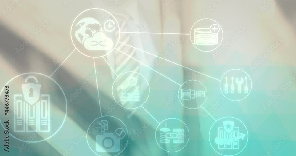 Poster animation of networks of connections with digital icons over man touching screen