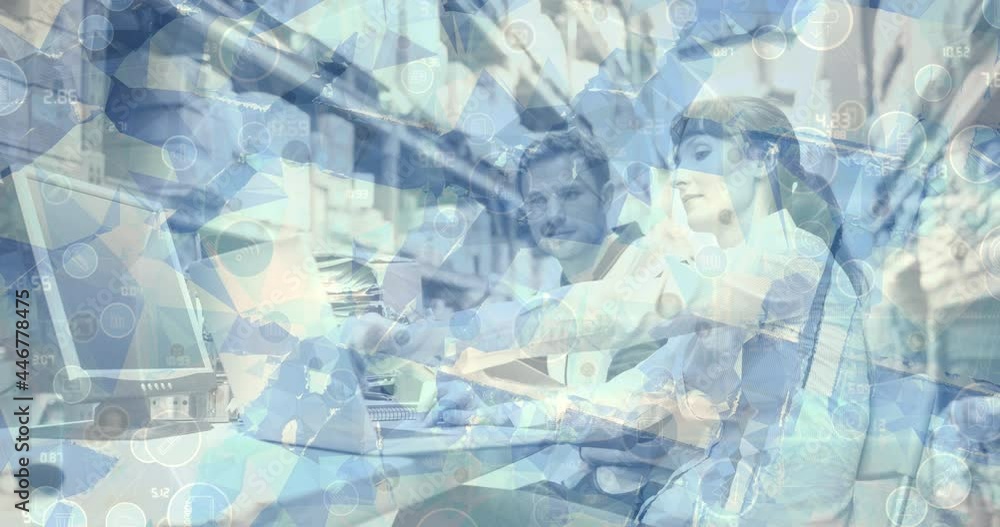Poster animation of networks of connections with digital icons over couple using computer