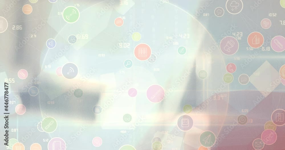 Poster animation of globe with digital icons over blurred background