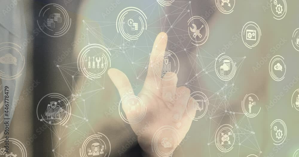 Poster animation of networks of connections with digital icons over man touching screen