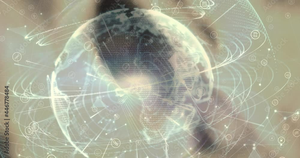 Poster animation of globe with digital icons over blurred background