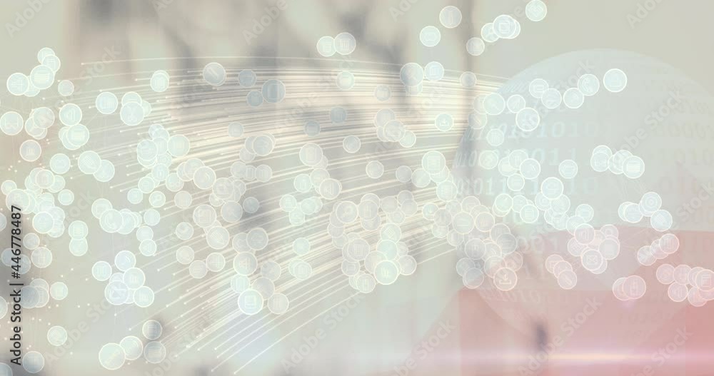 Poster animation of globe with digital icons over blurred background