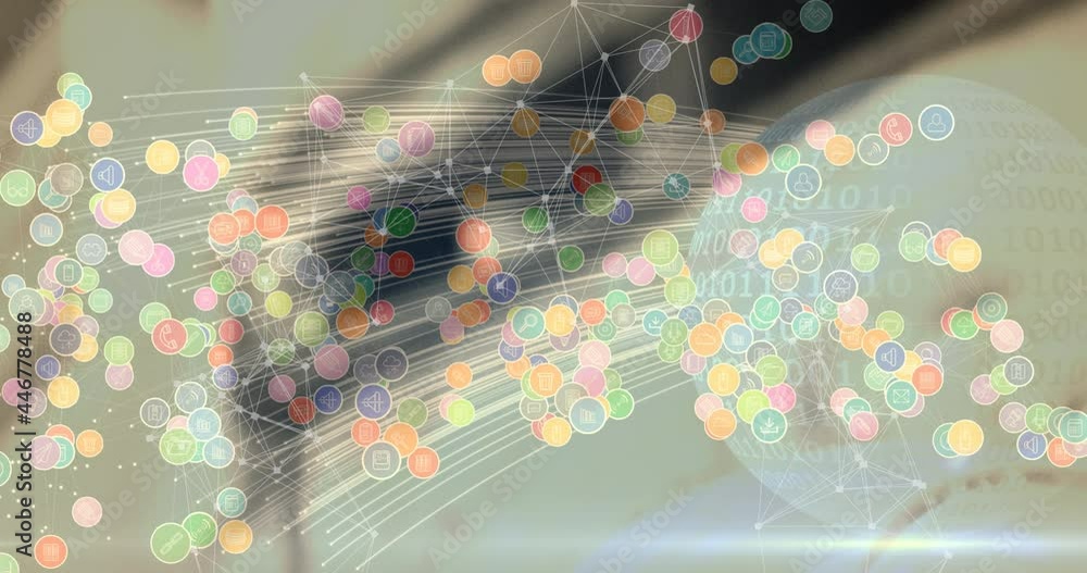 Poster animation of networks of connections with digital icons over blurred background