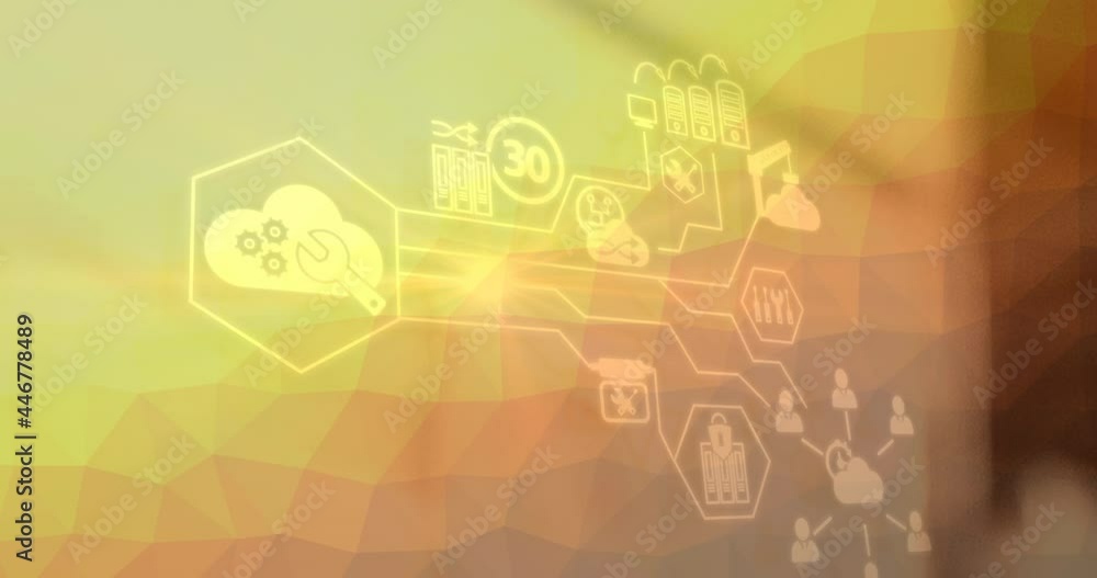 Poster animation of network of connections with digital icons over yellow background