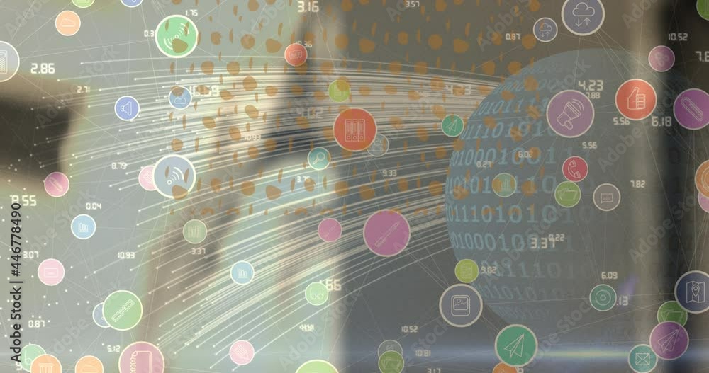 Poster animation of networks of connections with digital icons over blurred background
