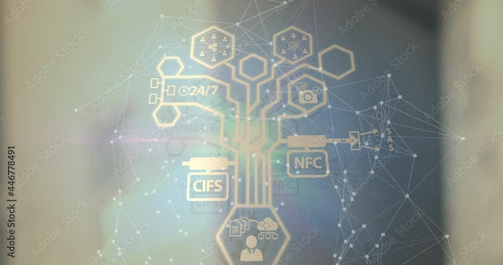 Aufkleber animation of networks of connections with digital icons over blurred background