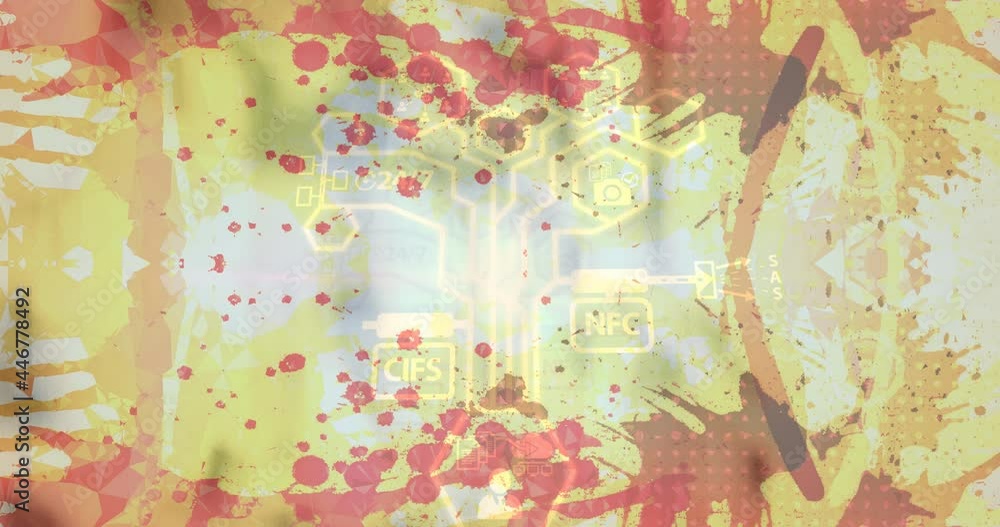 Poster animation of network of connections with digital icons over yellow background