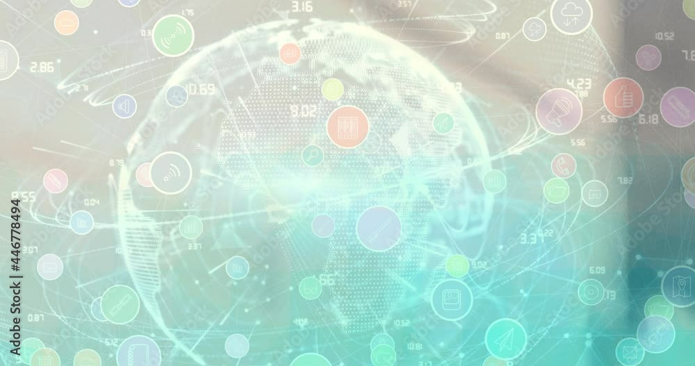 Poster animation of globe with digital icons over blurred background