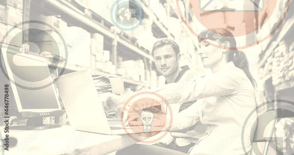 Poster animation of networks of connections with digital icons over couple using computer