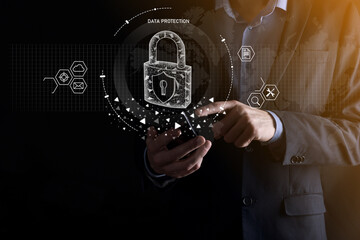 Cyber security network. Padlock icon and internet technology networking. Businessman protecting data personal information on tablet and virtual interface. Data protection privacy concept. GDPR. EU