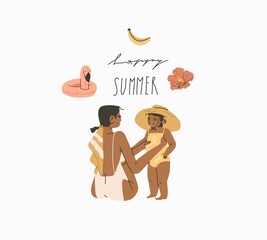 Hand drawn vector abstract stock graphic summer time cartoon,minimalistic style illustrations with bohemian beautiful mom and daughter sunbathes and sitting on the beach,isolated on white background.