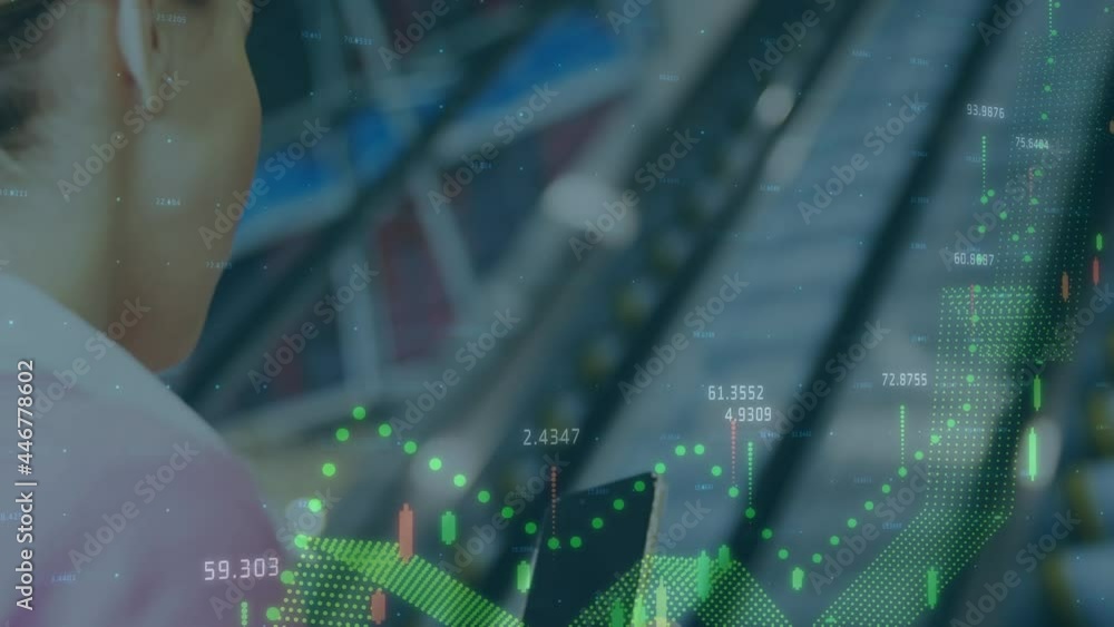 Poster animation of data processing over woman using smartphone