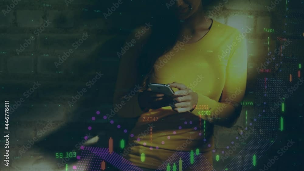 Poster animation of data processing over woman using smartphone