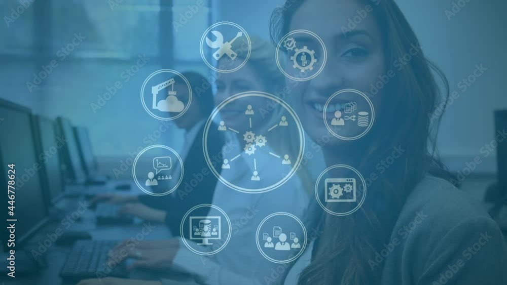 Poster animation of network of connections with icons over business people using computers