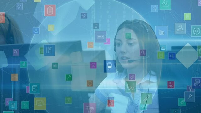 Animation of network of connections with icons over business people using phone headsets