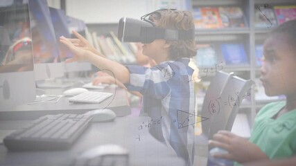 Mathematical equations floating against caucasian boy wearing vr headset at elementary school - Powered by Adobe