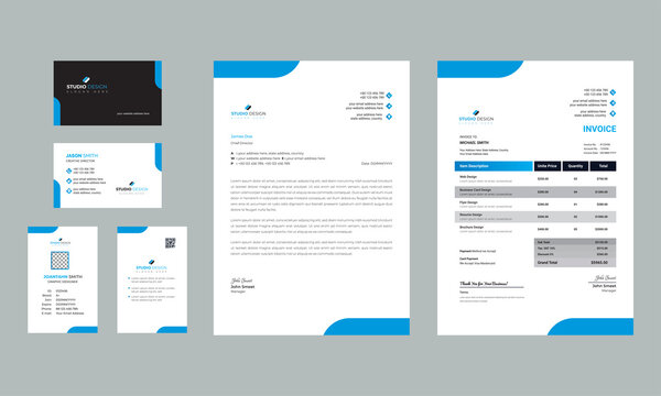 geometric blue corporate brand identity, stationary design. modern template illustration vector