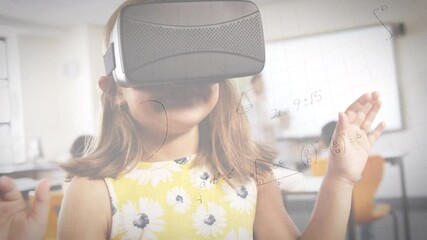Animation of mathematical equations over schoolgirl wearing vr headset - Powered by Adobe