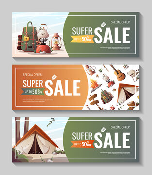 Set of promo sale flyers for summer camping, traveling, trip, hiking, camper, nature, journey, picnic. Vector illustration for poster, banner, flyer, cover, special offer, advertising.