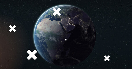 Image of white crosses over globe, data processing with padlock, and network over server room